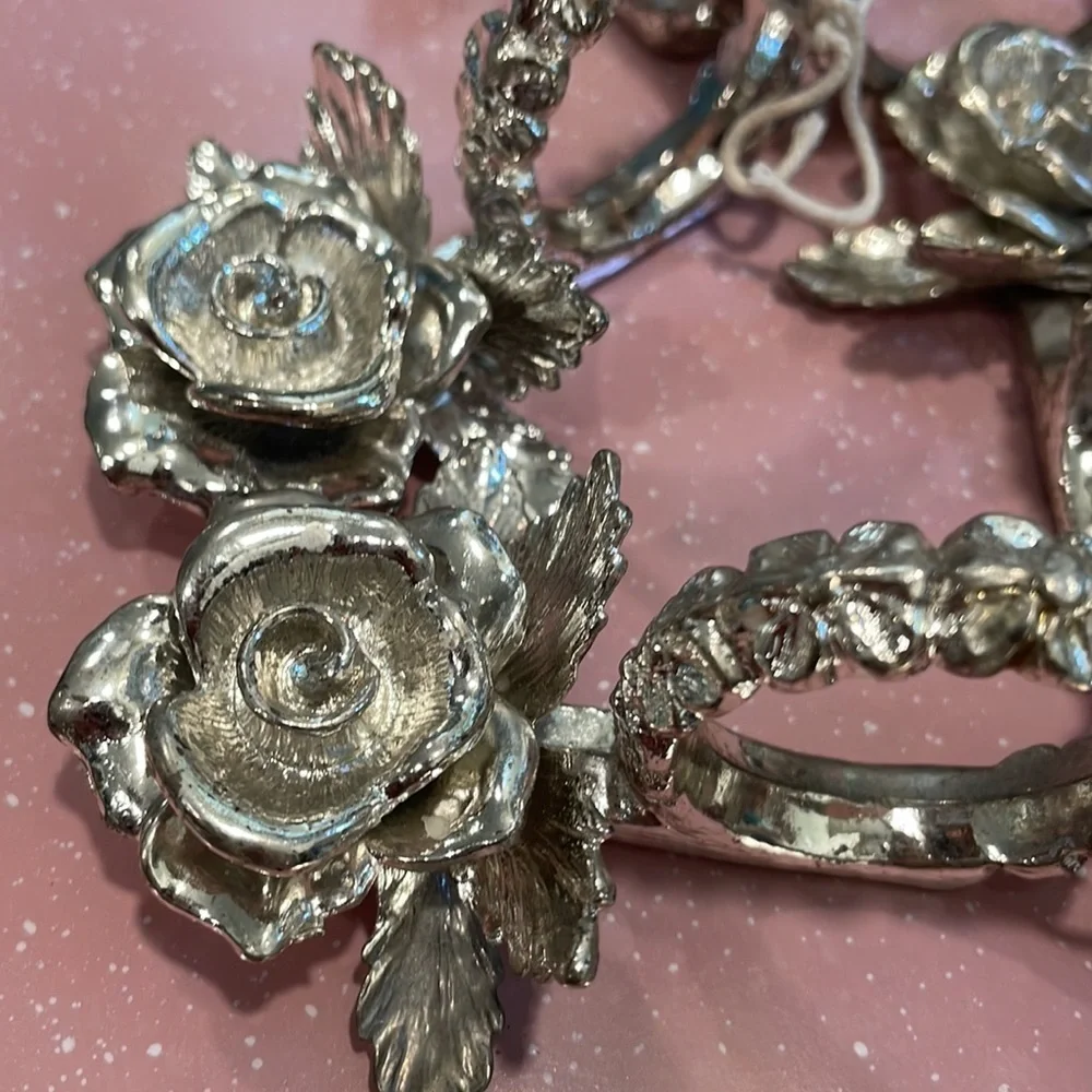Vintage Silver Tone Metal Rose Design Napkin Ring Holders Set of 8